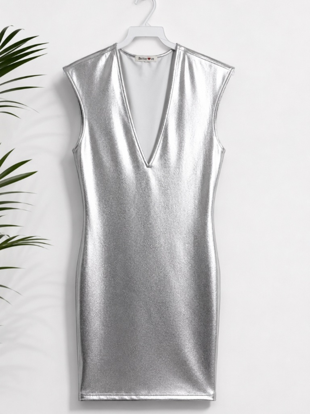 Metallic Silver Deep V-Neck Bodycon Mini Dress